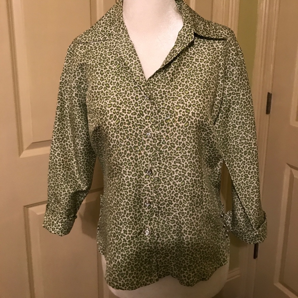 Green leopard print silk blouse.